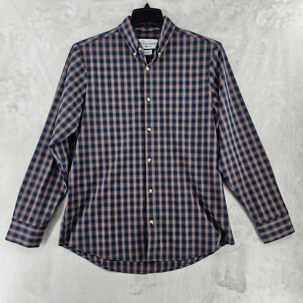Mizzen Main Leeward Performance Mens Medium Dress Shirt Long Sleeve Blue Plaid